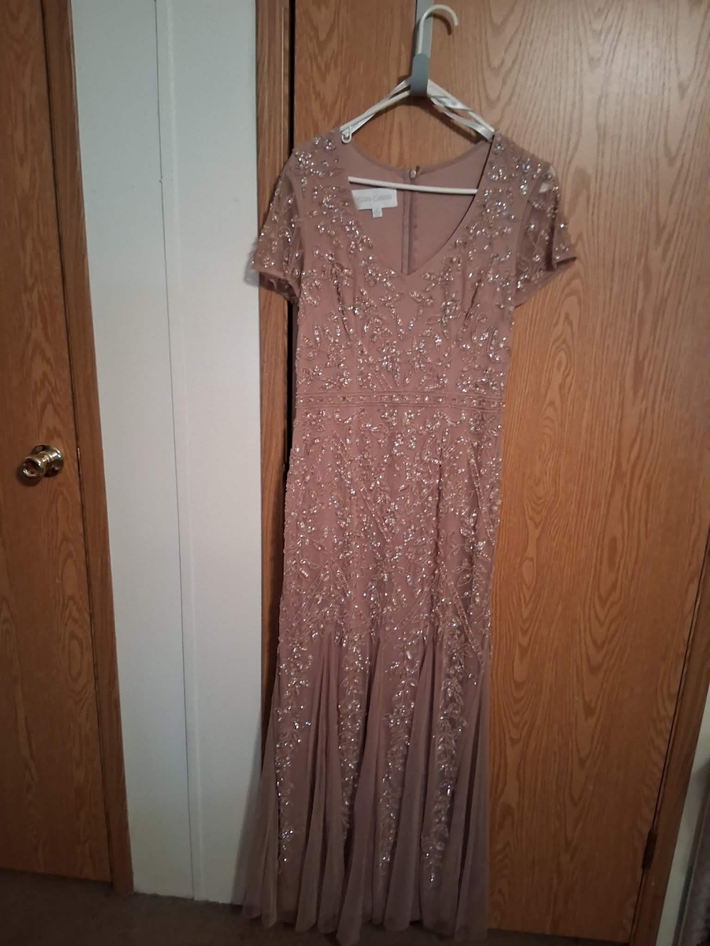 Oleg Cassini Beaded V-Neck Maxi Dress Taupe